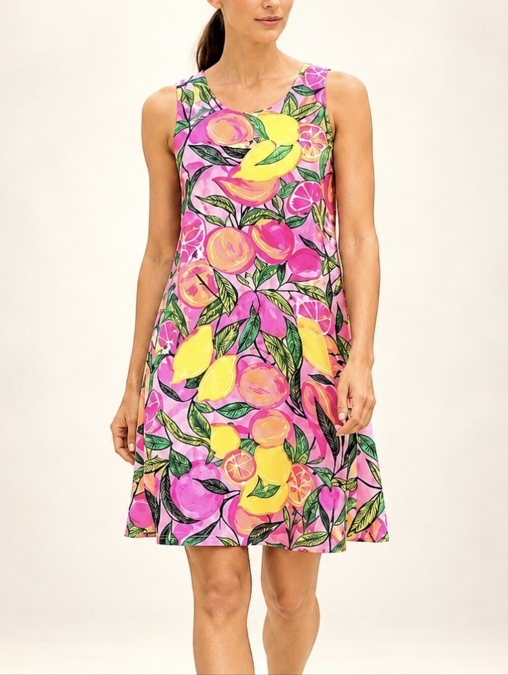 Pappagallo Lemon Peach Fruit Print Sleeveless Dress Size L Pink Tropical Resort